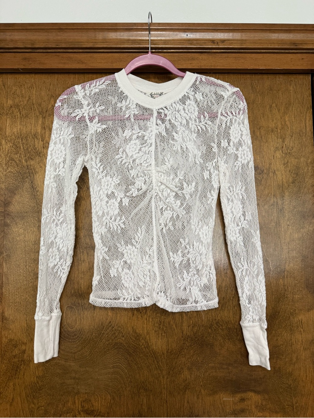 Free People White Sheer Floral Lace Long Sleeve Top